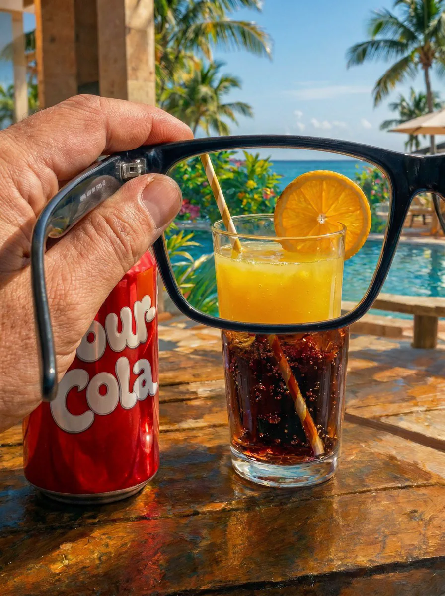 Bebida à beira da piscina vista através de óculos, contrastando com o produto em primeiro plano