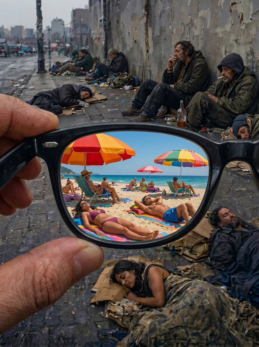 Praia ensolarada vista através de óculos diante de pessoas em situação de vulnerabilidade