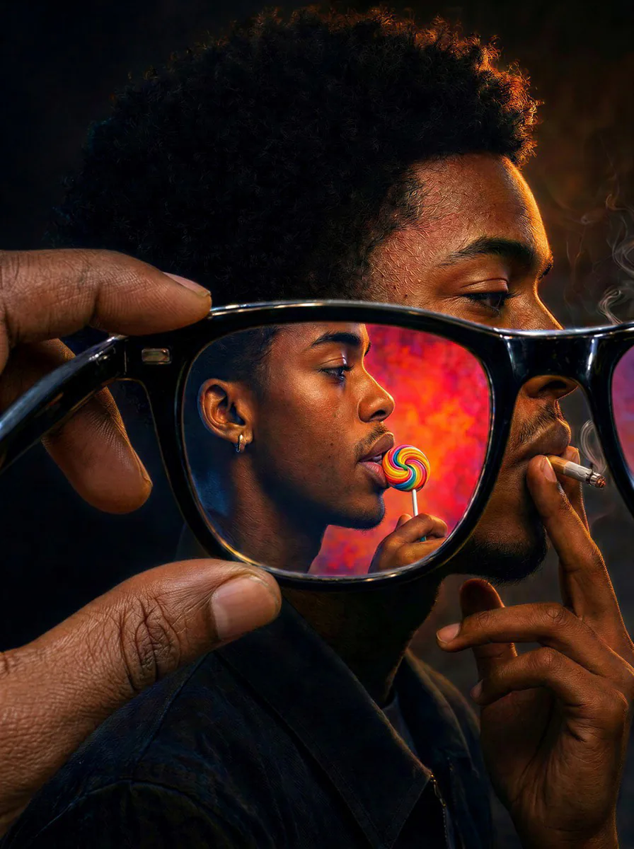 Retrato com uma imagem colorida refletida nas lentes dos óculos