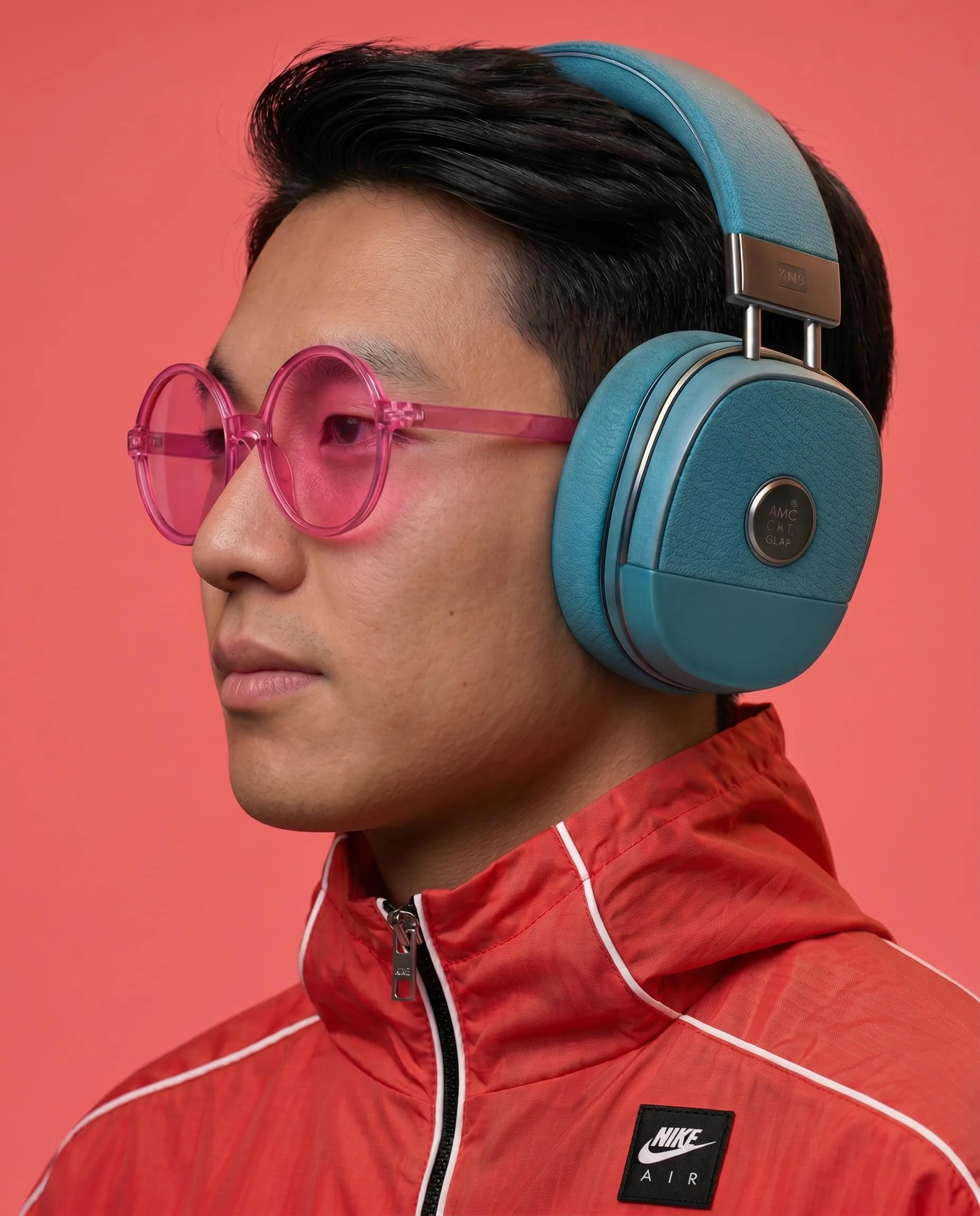 Retrato de uma pessoa com óculos rosa e fones azuis